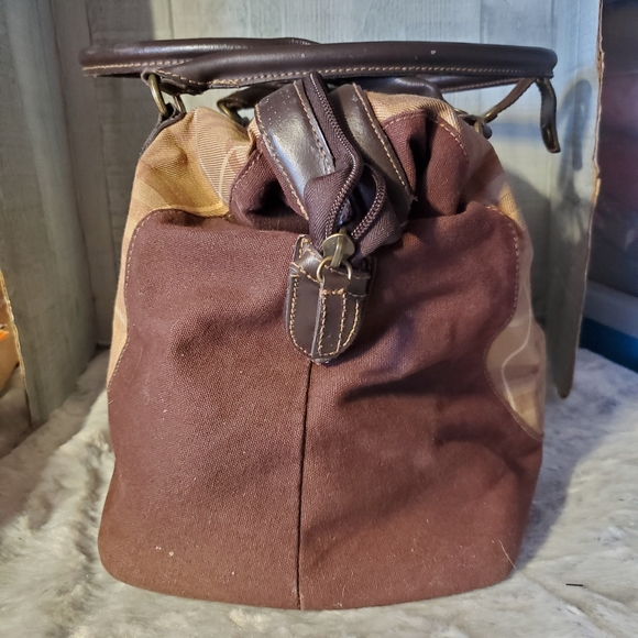 Eddie Bauer Brown Tan Plaid Double Handle Weekender Bag - Picture 5 of 11